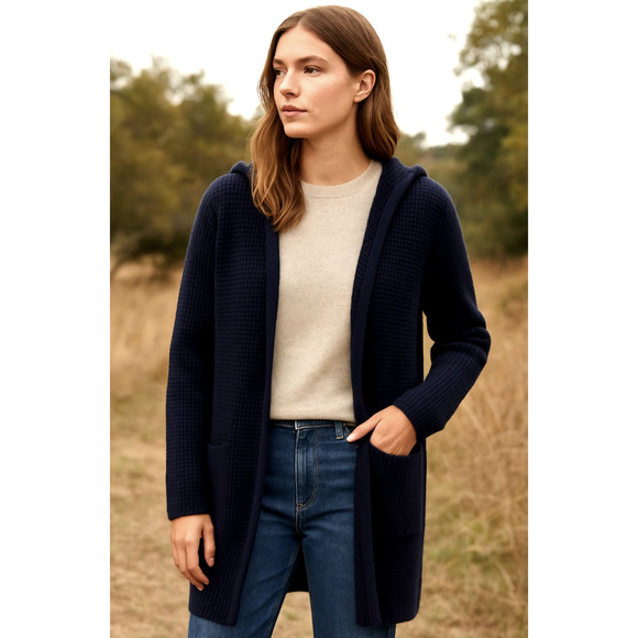 Jenni Kayne XS Waffle Knit CASHMERE Wool Hooded Cardigan Sweater Coat Navy 2 4 - Picture 2 of 8